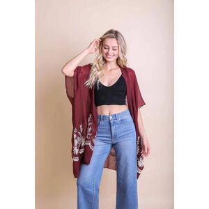 Lightweight Floral Embroidered Tassels Boho Festival Kimono Wrap Rosewood